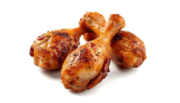 Golden roasted chicken drumsticks with herbs and spices on white background