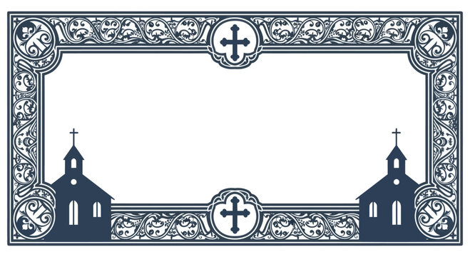Ornate Christian Border Frame with Churches and Crosses