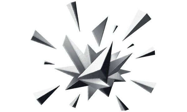 Abstract 3D Geometric Explosion With Blue Black Shards and Crystal-Like Fragments on White Background.