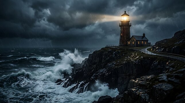 Dramatic stormy night at cliffside lighthouse with crashing waves