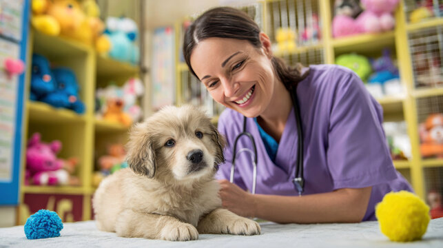 Female veterinarian in purple scrubs examines a fluffy puppy on a table, colorful toys and plush animals visible in the background of a veterinary clinic