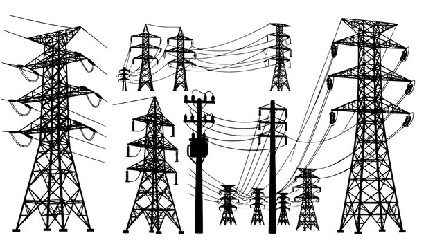 High voltage transmission tower vector silhouette set power line and electrical grid icons
