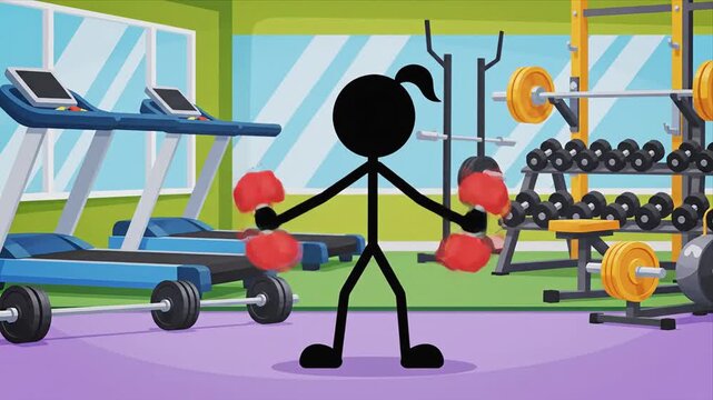 Stick figure character lifts red dumbbells above head in a gym setting, surrounded by exercise equipment like treadmills, weight racks, and various weights arranged in the background