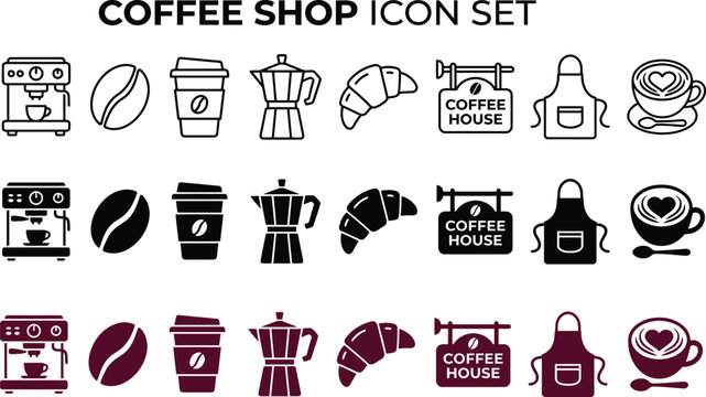 Coffee shop icons set with espresso machine coffee bean paper cup moka pot hot drink cafe icons food icons cafe sign coffee break coffee maker croissant beverage breakfast establishment