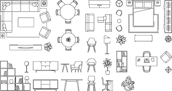 Modern furniture symbols for house floorplan design and apartment interior planning