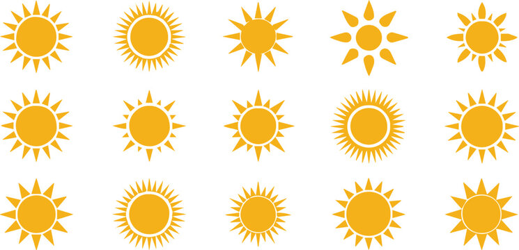 sun icons set vector yellow flat design graphic symbol sign collection