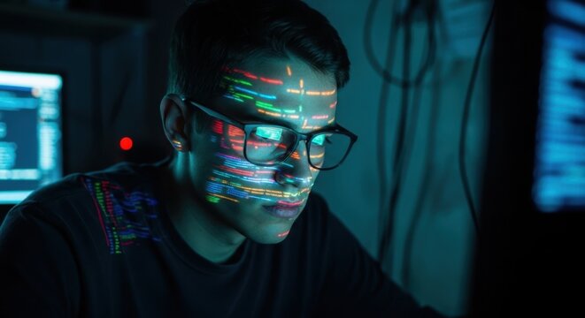Tech Developer Immersed: A dedicated tech developer meticulously analyzes lines of code on his screen, the digital world reflected on his glasses.