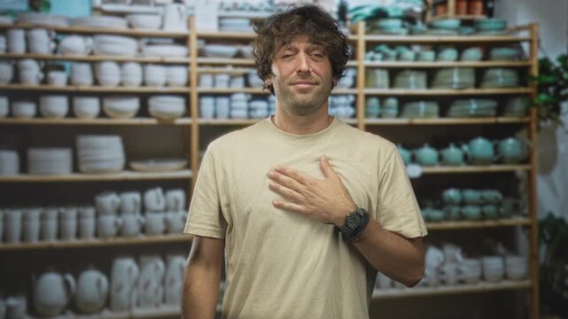 Man smiling with hands over chest in a pottery studio filled with stacked ceramic bowls, teapots and mugs on wooden shelves; gratitude sincerity.