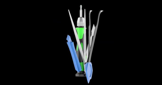 Professional Repair Tool Kit for Electronics rotation animation seamlessly loopable. 3D rendering isolated on transparent background