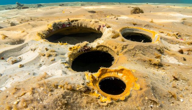 Circular holes dot the sandy ocean floor, a strange marine landscape