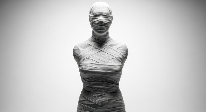Wrapped in Mystery: A stark monochromatic image unveils a human form completely enveloped in bandages, a visual metaphor for secrecy and veiled identity.