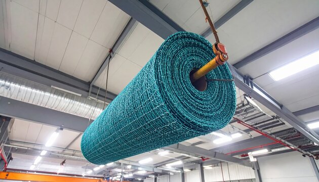 A massive, heavy roll of reinforced blue safety netting, designed for robust protection, being expertly secured to structural overhead beams within a large industrial warehouse facility.