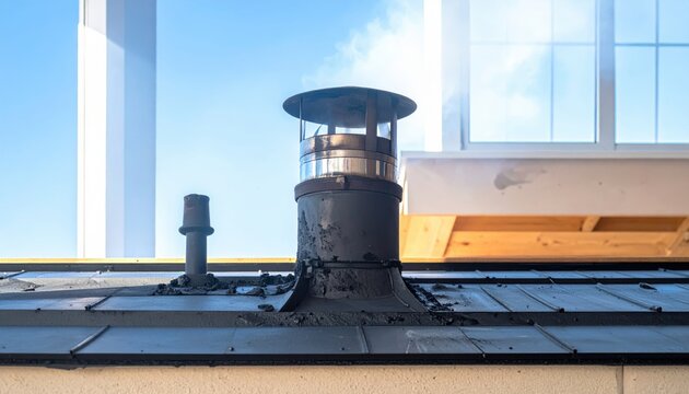 A reinforced chimney flue with smoke emitting on a rooftop under a clear blue sky, showcasing essential building ventilation.