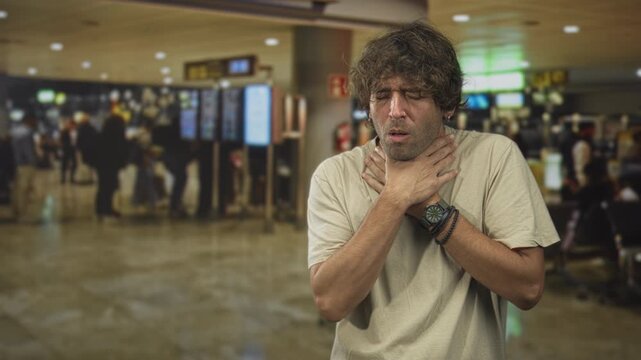 Hispanic man clutching his throat with one hand, grimacing and struggling to breathe in a crowded airport terminal next to flight information screens; panic vulnerability.