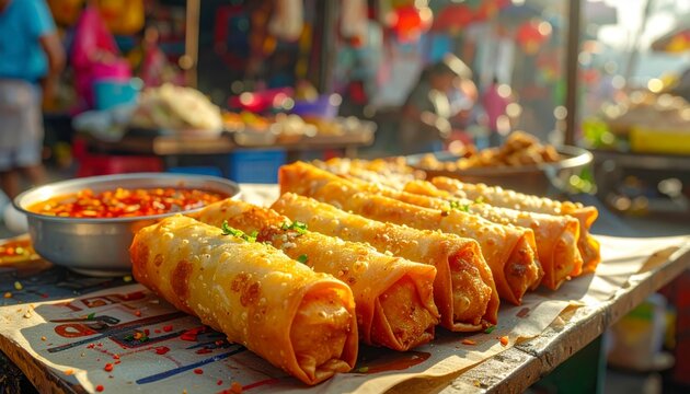 Golden brown savory spring rolls with flaky pastry arranged attractively, offering a delightful crispy appetizer.