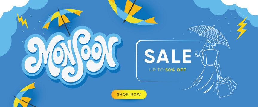 Monsoon Sale Banner Design Template With Umbrellas