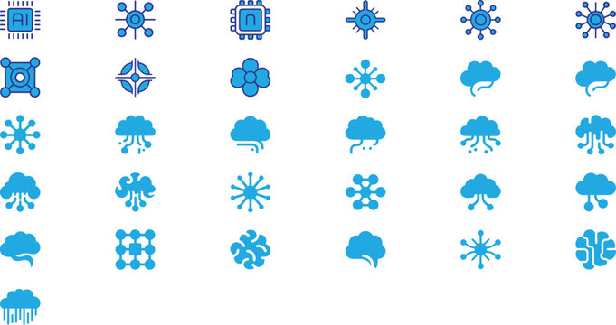 Artificial Intelligence & Cloud Computing Vector Icon Set | AI Technology, Neural Network, Data Processing, Machine Learning Flat Icons Collection