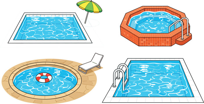 Swimming Pool Vector Collection with Different Pool Shapes, Water Designs, and Summer Recreation Elements for Resort and Vacation Graphics