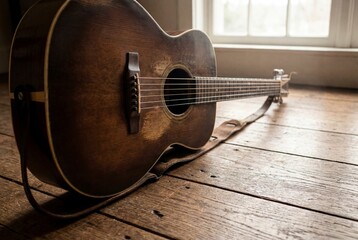 Fototapeta premium Natural Daylight Macro of Handcrafted Guitar on Oak Floor