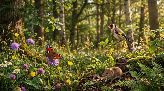 Wildlife scene, forest animals, rabbit and bird, natural habitat, green environment