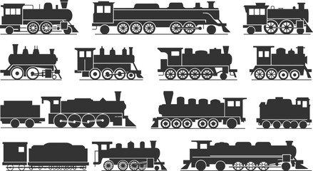 Collection of black silhouette vintage steam locomotives and trains on a white background, steam engine © Badhon