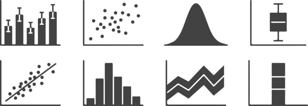 Statistical charts and graphs icons, set for data analysis and visualization.