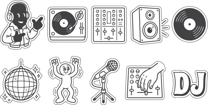 Dj equipment set turntable mixer speaker record and headphones for party music.