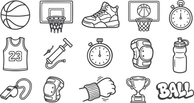 Basketball game equipment shoes jersey ball hoop and stopwatch for sports.