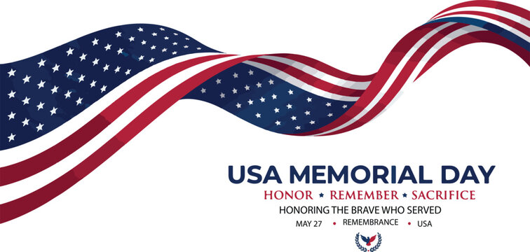 Patriotic Memorial Day background with United States flag ribbon and honoring the brave text