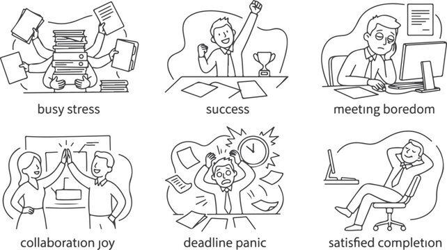 Work stress success boredom collaboration panic and completion office life.