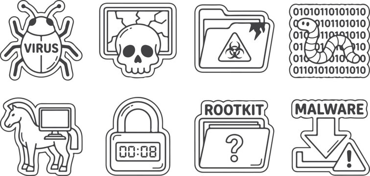 Cybersecurity threat icons with virus, malware, and hacking symbols.