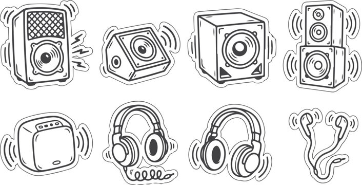 Collection of music speaker icons in cartoon style on transparent background.