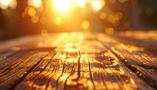 Sunlit, weathered wooden table surface with bokeh in the background