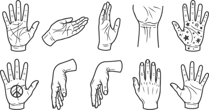 Hand gestures and palmistry symbols for human connection and communication.