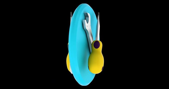 Blue repair icon with wrench and screwdriver rotation animation seamlessly loopable. 3D rendering isolated on transparent background