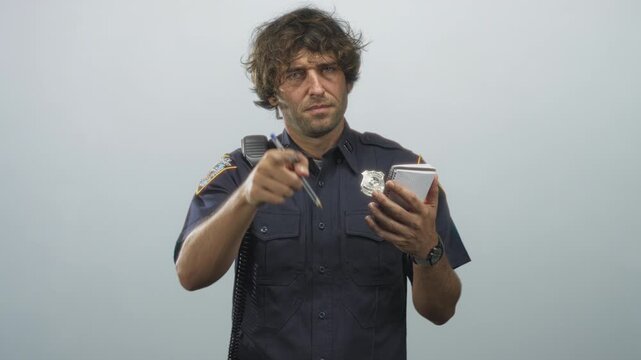 Hispanic police man pointing finger while holding notebook, pen and badge against a studio backdrop; authority duty.