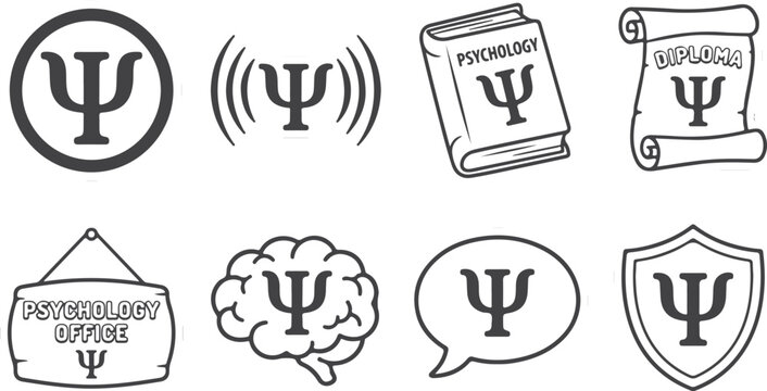 Psychology symbols and icons representing mind, therapy and professional practice.
