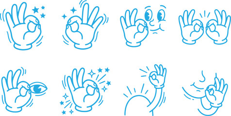 Fototapeta premium Collection of vector illustrations of hands making OK gesture with stars and sparkles.