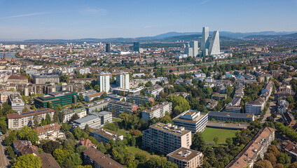 Obraz premium Aerial panorama of the Swiss city Basel, the third largest city in Switzerland with its ancient and modern parts in overview.