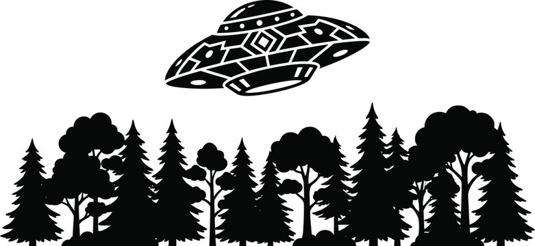 Ufo flying over dark forest silhouette Vector