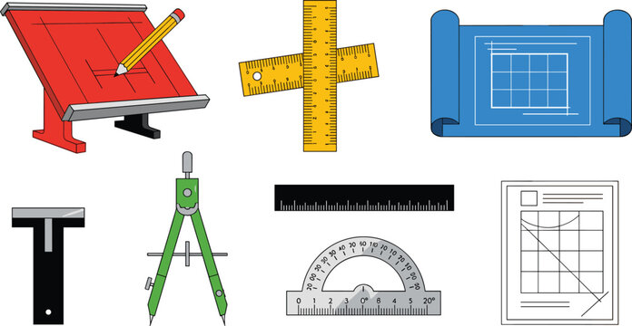 Drafting and Architecture Tools Icon Set Featuring Ruler, Compass, Protractor, Drafting Table, and Blueprints for Design and Engineering Projects
