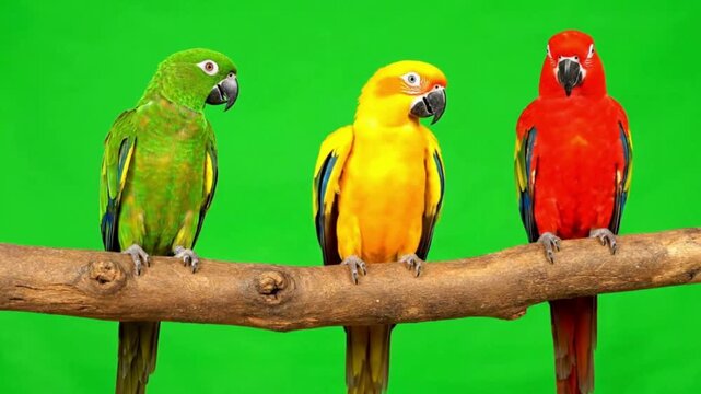 A vibrant trio of green yellow and red parrots perched on a natural branch ideal for themes of diversity exotic pets or tropical wildlife