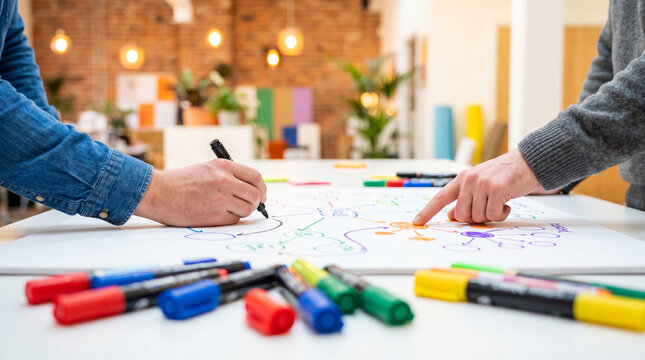 Two colleagues collaborate over a large paper mind map, sketching ideas and strategy with colorful markers in a bright modern office workshop, conveying teamwork, creativity and planning.