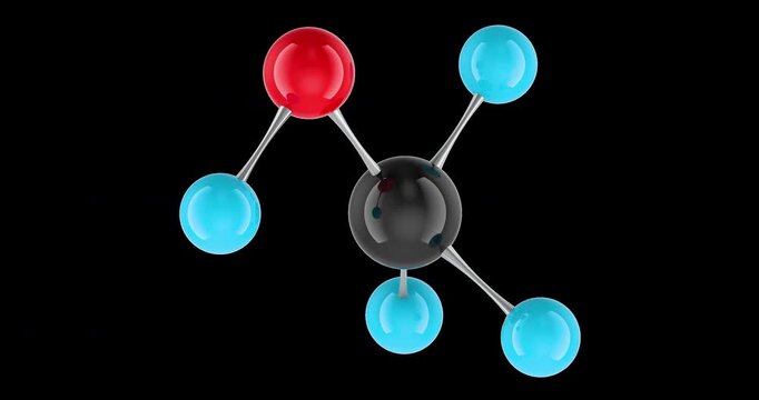 Methanol molecule model rotation animation seamlessly loopable. 3D rendering isolated on transparent background