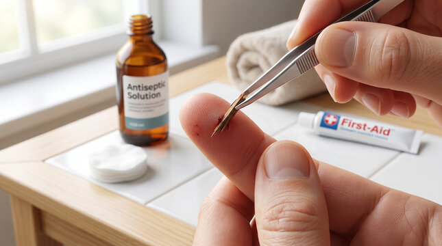 Precise removal of a painful splinter from a tender finger, a calm act of self care with essential medical supplies at home