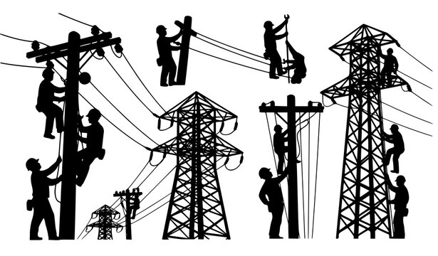 Energy infrastructure silhouette vector set electrical linemen and power grid workers