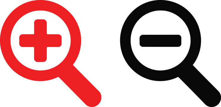 Magnifying glass vector illustration with plus and minus signs, zoom in out icon.