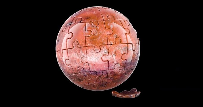 Mars puzzle globe with missing piece rotation animation seamlessly loopable. 3D rendering isolated on transparent background