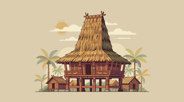 Vector illustration of a traditional Sumba house from East Nusa Tenggara featuring a tall thatched roof, wooden structure, and tropical ethnic architecture.