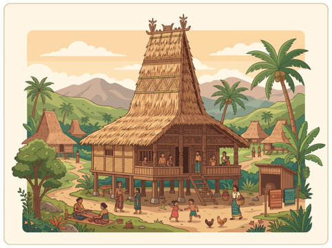 Vector illustration of a traditional Sumba village in East Nusa Tenggara featuring iconic tall-roof houses, tropical landscape, and local tribal community atmosphere.